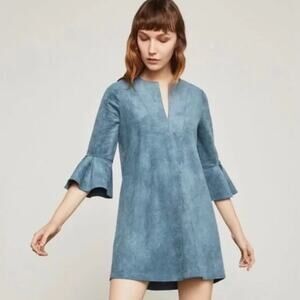 BCBGMaxazria Cartier Blue Soft Faux Suede 3/4 Bell Sleeve Mini Shift Dress